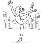 Page à colorier d’une jeune ballerine, danseuse contemporaine s’étirant