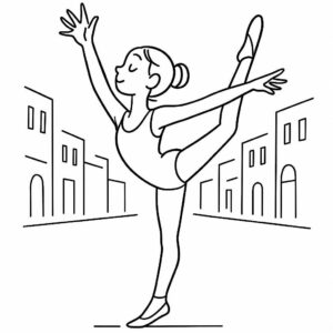 Coloring page of a young ballerina, contemporary dancer stretching