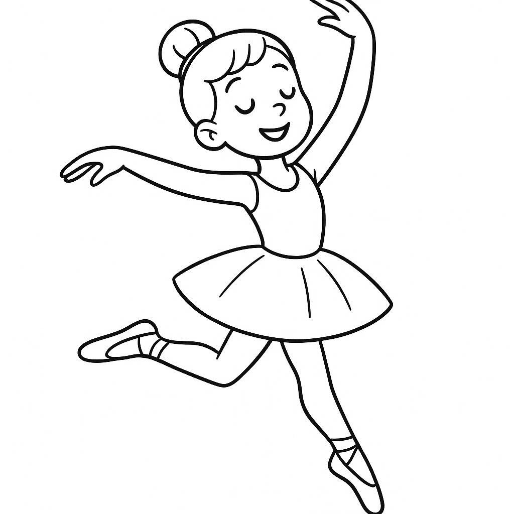 Coloring page of a young ballerina, jazz performer jumping mid-air