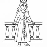 Page de coloriage d’une jeune reine, héroïne courageuse sur un balcon