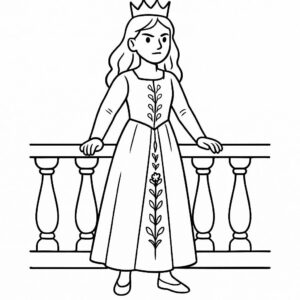 Coloring page of a young queen, brave heroine standing on a balcony