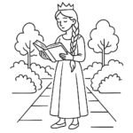 Page à colorier d&rsquo;une jeune reine, douce rêveuse lisant un ancien livre