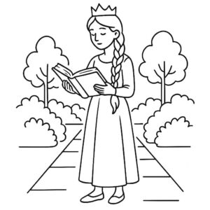 Coloring page of a young queen, gentle dreamer reading an ancient book
