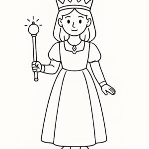 Coloring page of a young queen, kind ruler holding a scepter