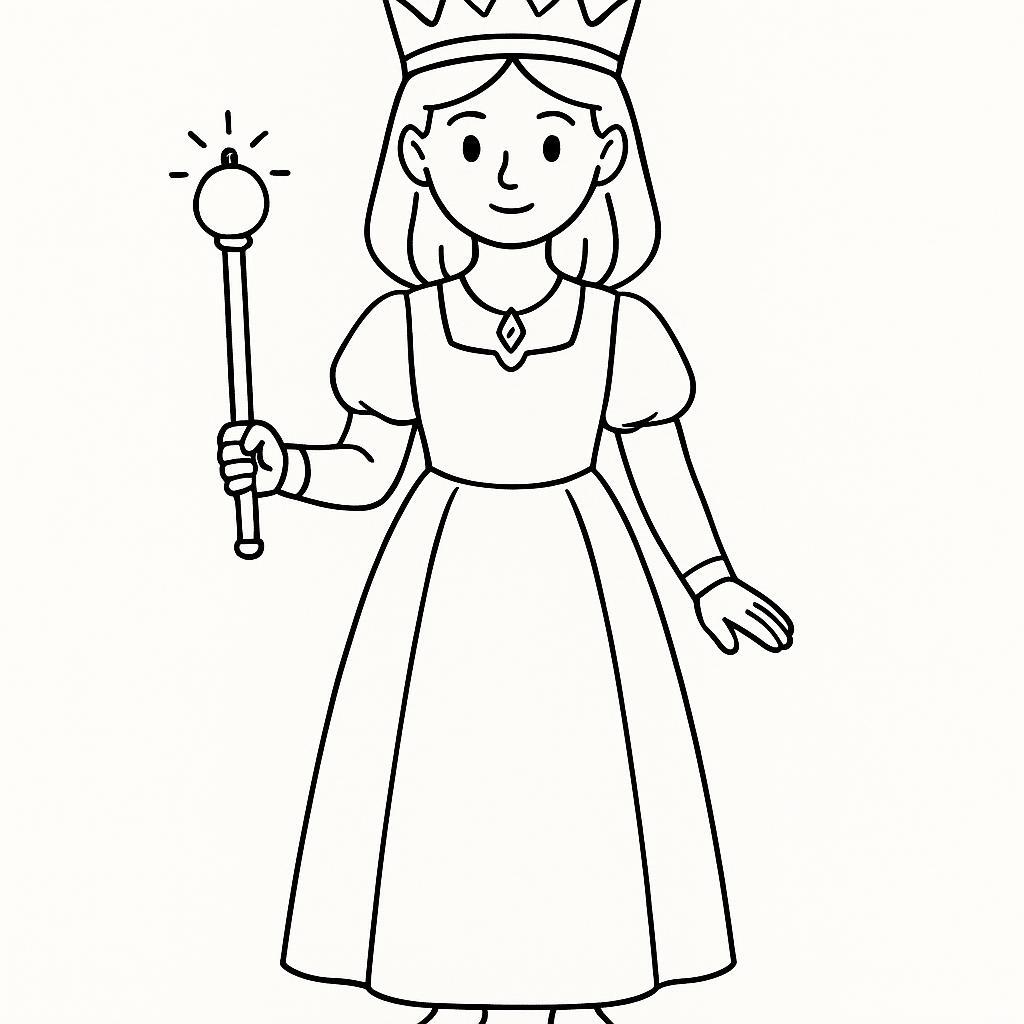 Coloring page of a young queen, kind ruler holding a scepter
