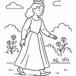 Page à colorier d’une jeune reine, dirigeante bienveillante se promenant dans un jardin