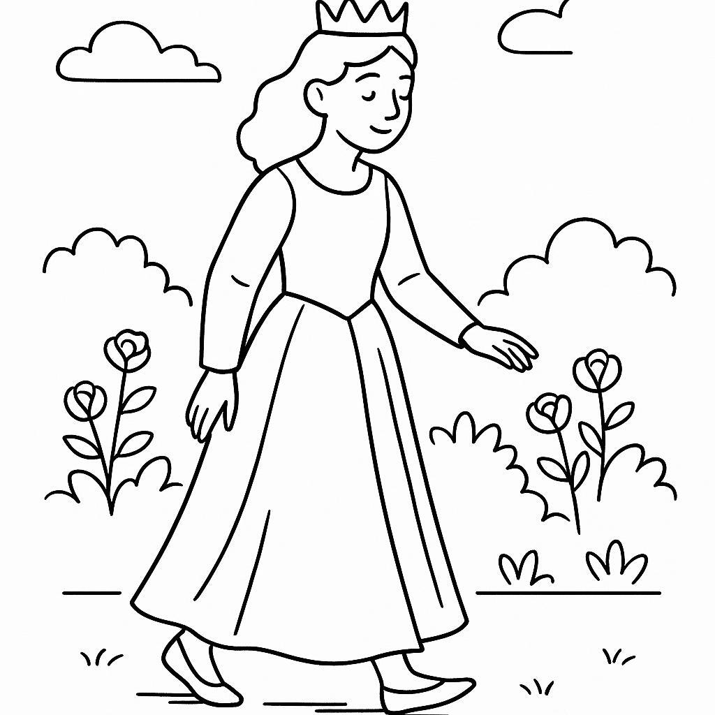 Coloring page of a young queen, kind ruler walking in a garden