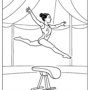 Coloring page of a acrobat performer, artistic gymnast leaping off a vault