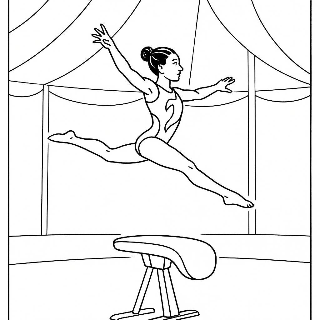 Coloring page of a acrobat performer, artistic gymnast leaping off a vault