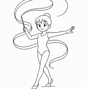 Coloring page of a acrobat performer, artistic gymnast twirling a ribbon