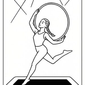 Coloring page of a acrobat performer, trampoline gymnast posing with a hoop
