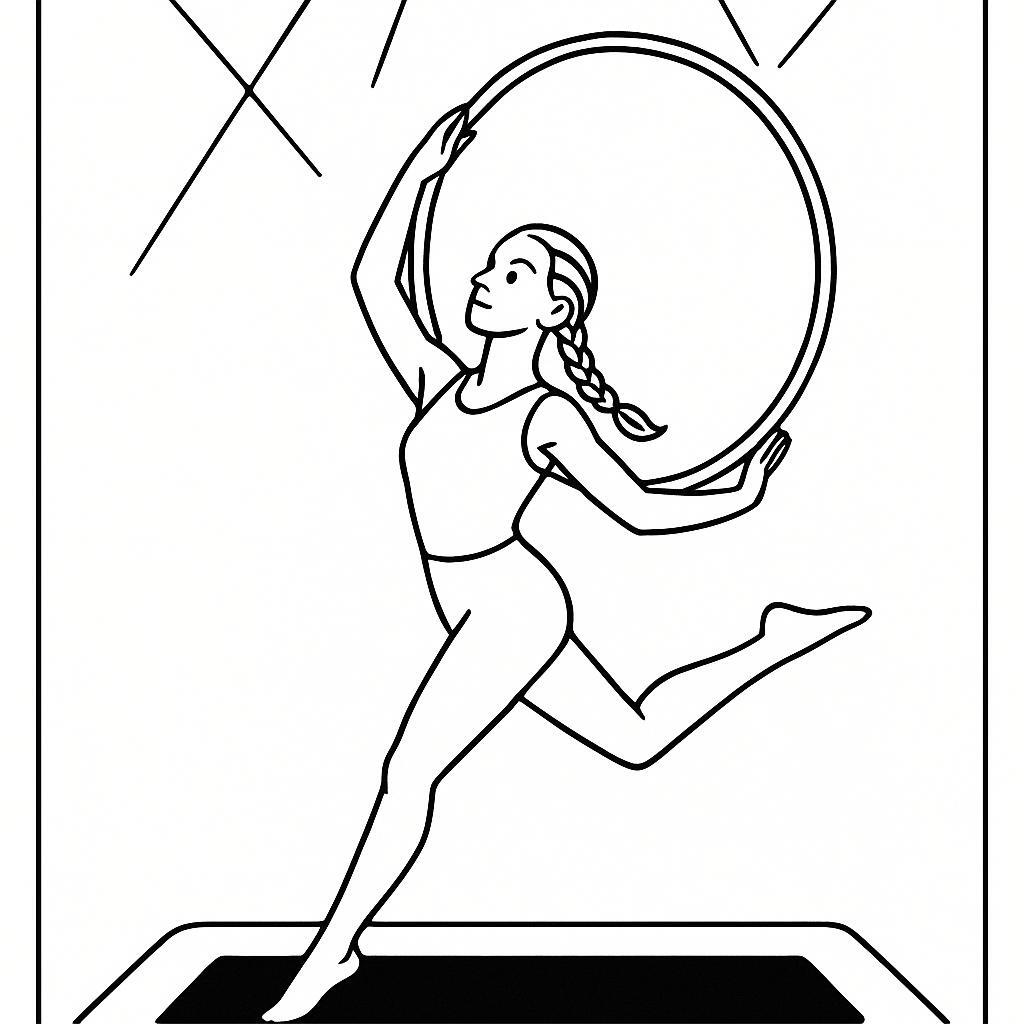 Coloring page of a acrobat performer, trampoline gymnast posing with a hoop