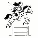 Page à colorier d&rsquo;une jeune femme Appaloosa à cheval, princesse guerrière de fantaisie sautant par-dessus une clôture