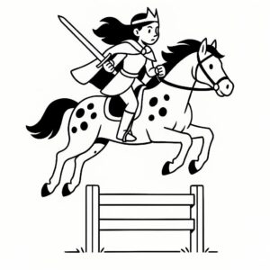Coloring page of a Appaloosa young woman on horseback, fantasy warrior princess jumping over a fence