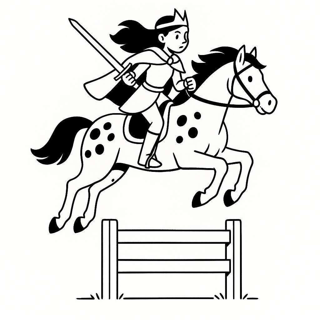 Page à colorier d'une jeune femme Appaloosa à cheval, princesse guerrière de fantaisie sautant par-dessus une clôture