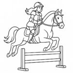 Page à colorier d&rsquo;une cavalière de cheval arabe, athlète équestre sautant par-dessus une clôture