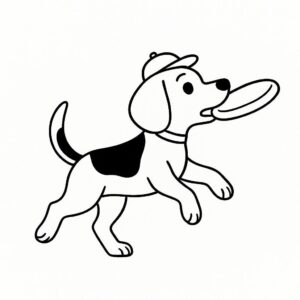 Coloring page of a Beagle dog, curious explorer catching a frisbee