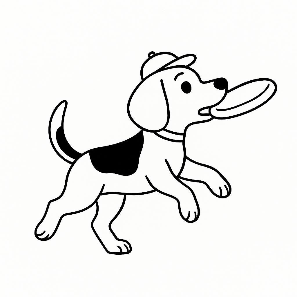 Coloring page of a Beagle dog, curious explorer catching a frisbee