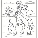 Page de coloriage d&rsquo;une fille de Clydesdale chevauchant un cheval, chevalier médiéval au coucher du soleil