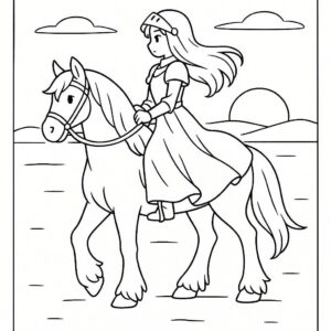 Coloring page of a Clydesdale girl riding a horse, medieval knightess riding at sunset