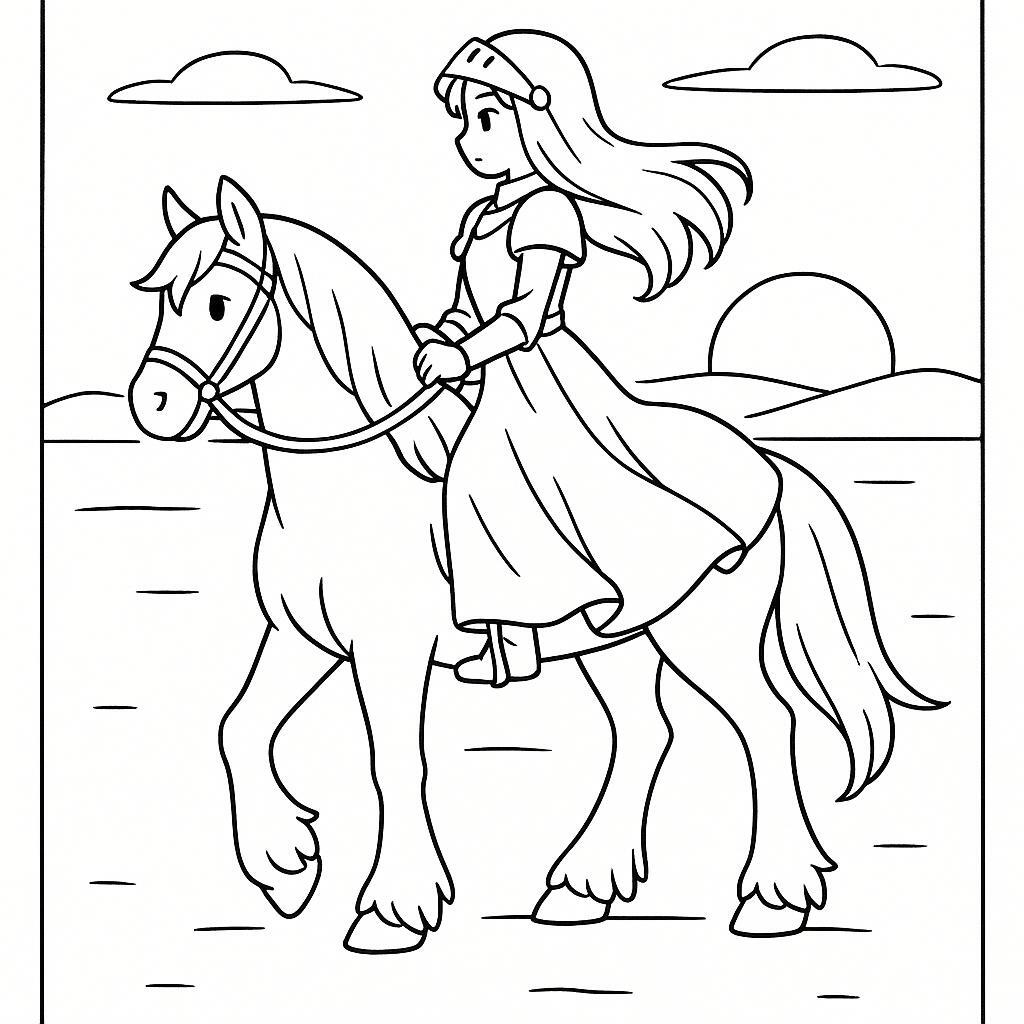 Coloring page of a Clydesdale girl riding a horse, medieval knightess riding at sunset