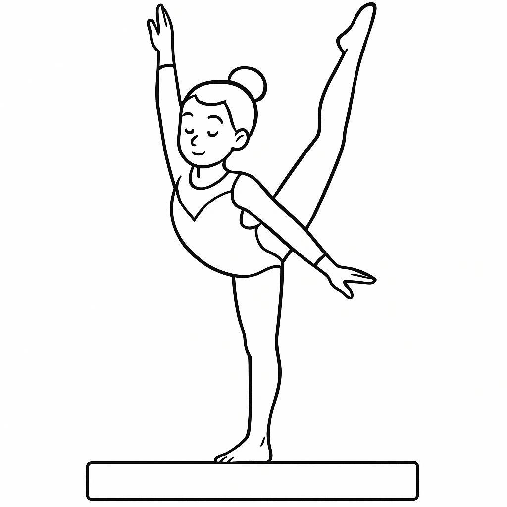 Coloring page of a competitive gymnast, artistic gymnast balancing on a beam