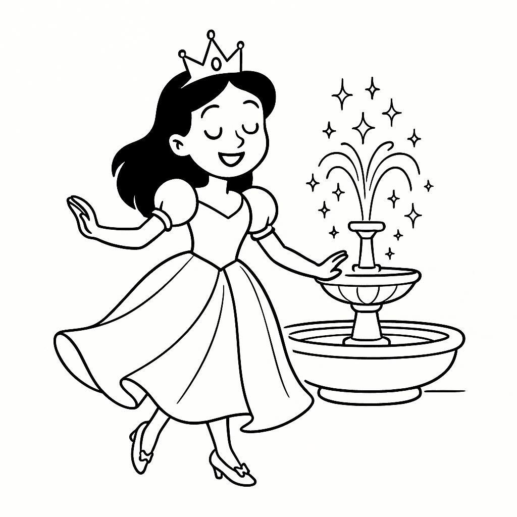 Coloring page of a enchanted princess, kind ruler dancing at a ball