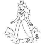 Page de coloriage d&rsquo;une héroïne de conte de fées, charmante dirigeante se promenant dans un jardin