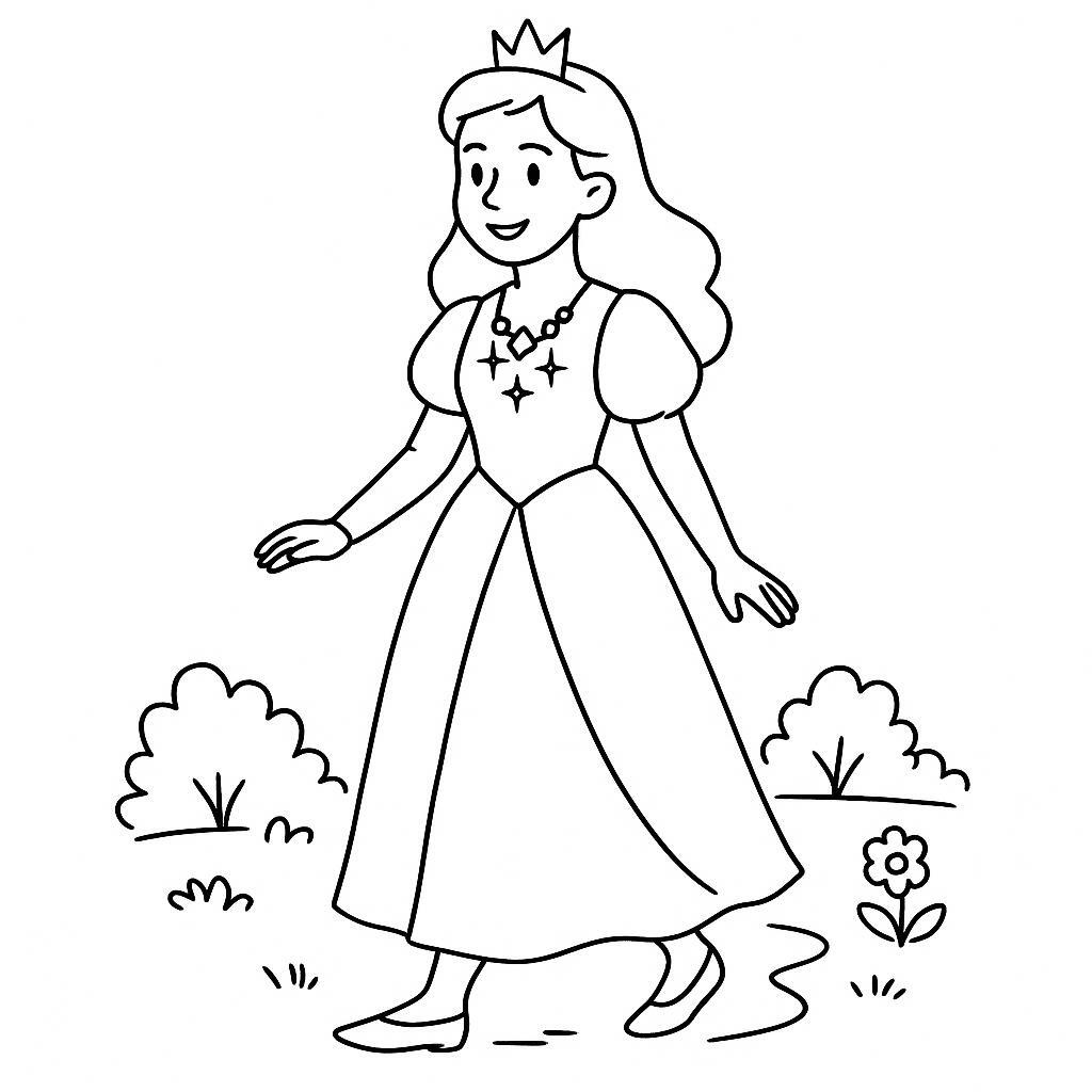 Coloring page of a fairy-tale heroine, charming leader walking in a garden