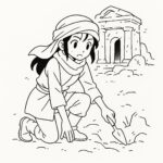 Page de coloriage d&rsquo;une héroïne intrépide, nomade du désert creusant près de vieilles ruines