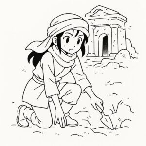 Coloring page of a fearless heroine, desert nomad digging near old ruins