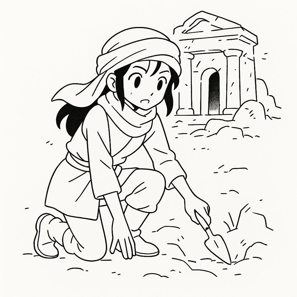 Coloring page of a fearless heroine, desert nomad digging near old ruins