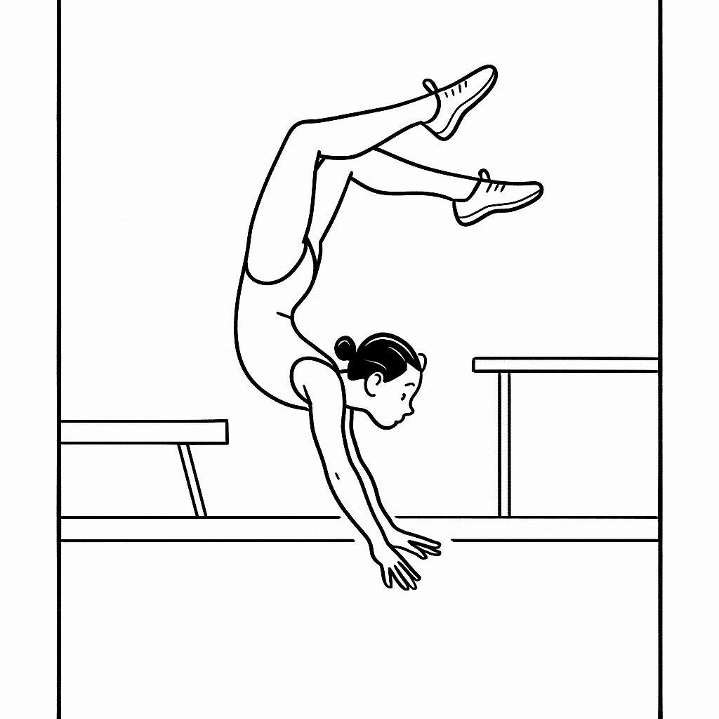 Coloring page of a female gymnast, artistic gymnast mid-air somersault