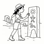 Page à colorier d&rsquo;une vagabonde, archéologue examinant des gravures anciennes