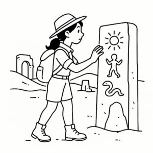 Coloring page of a female wanderer, archaeologist examining ancient carvings