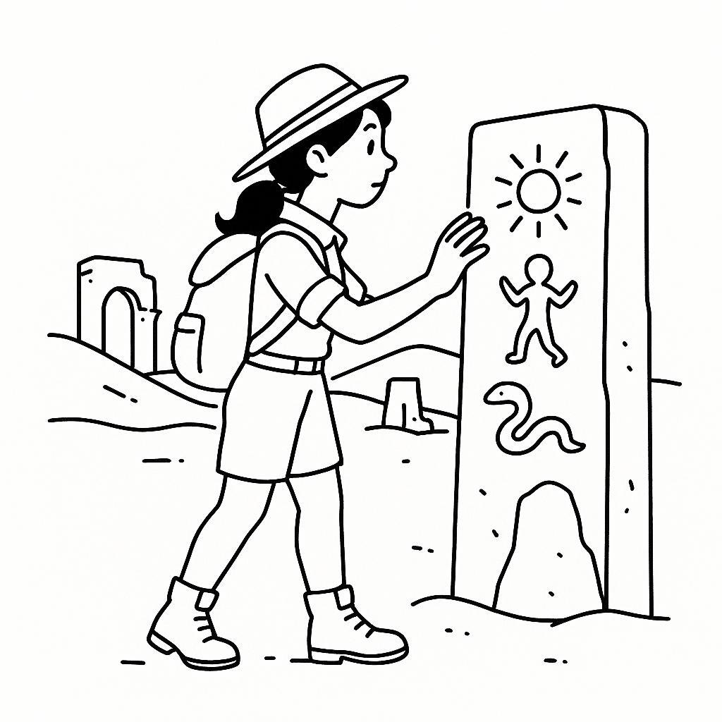 Coloring page of a female wanderer, archaeologist examining ancient carvings
