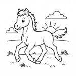 Page de coloriage d&rsquo;un poulain, cheval de trait courant au coucher du soleil