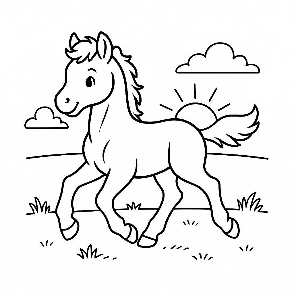Coloring page of a foal, draft horse running at sunset