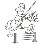Page à colorier d’une cavalière de cheval frison, fille de village sur un poney sautant par-dessus une clôture