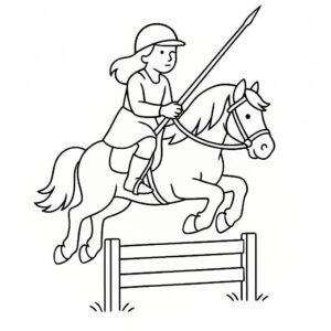 Coloring page of a Friesian horse female rider, village girl on a pony jumping over a fence