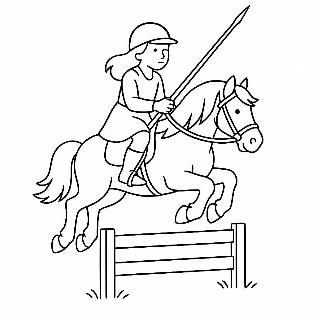 Coloring page of a Friesian horse female rider, village girl on a pony jumping over a fence
