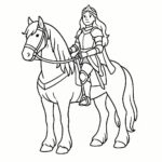 Page de coloriage d’une jeune femme sur un cheval frison, princesse guerrière fantastique posant fièrement avec son cheval