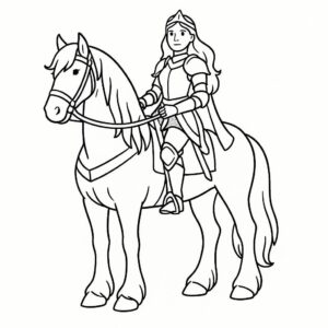 Coloring page of a Friesian horse young woman on horseback, fantasy warrior princess posing proudly with her horse