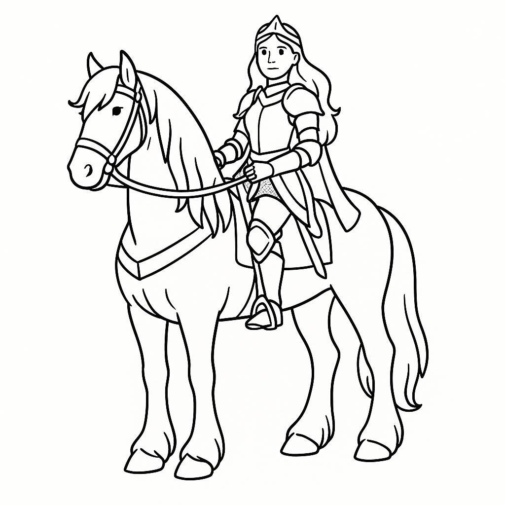Page de coloriage d'une jeune femme sur un cheval frison, princesse guerrière fantastique posant fièrement avec son cheval