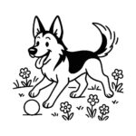 Page à colorier d&rsquo;un chien Berger Allemand, compagnon fidèle jouant avec une balle