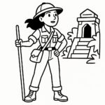 Page à colorier d&rsquo;une voyageuse intrépide, exploratrice de la jungle découvrant un temple caché