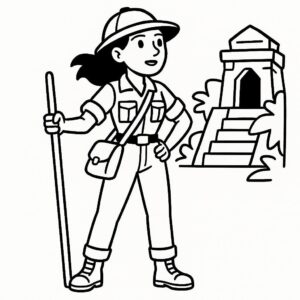 Coloring page of a intrepid female traveler, jungle explorer discovering a hidden temple