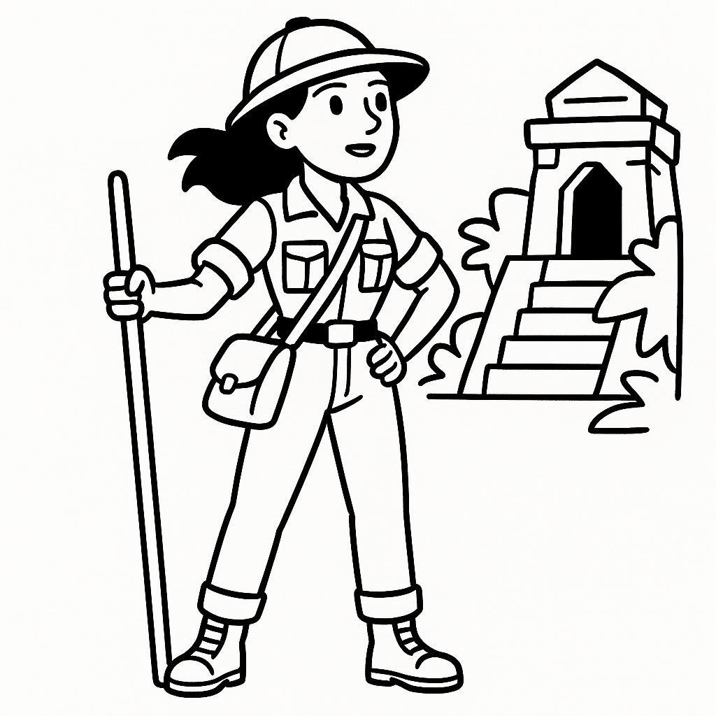 Coloring page of a intrepid female traveler, jungle explorer discovering a hidden temple