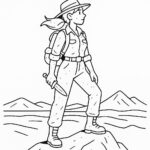 Coloring page of a intrepid female traveler, timeworn relic seeker standing on a mountain peak