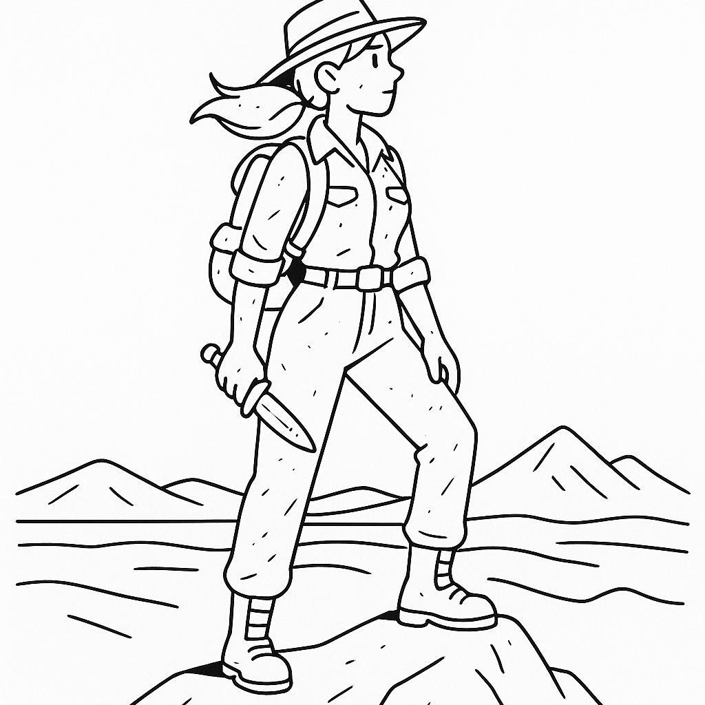 Coloring page of a intrepid female traveler, timeworn relic seeker standing on a mountain peak